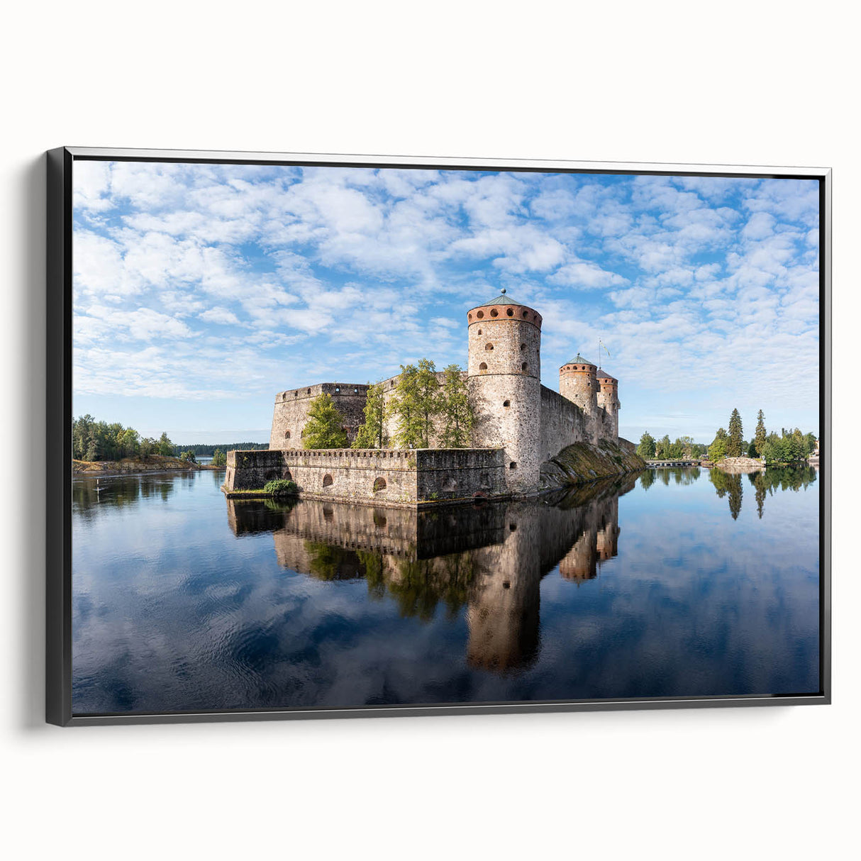 Black and white framed canvas depicting a vintage-style Finnish landscape, ideal for bedroom wall art.