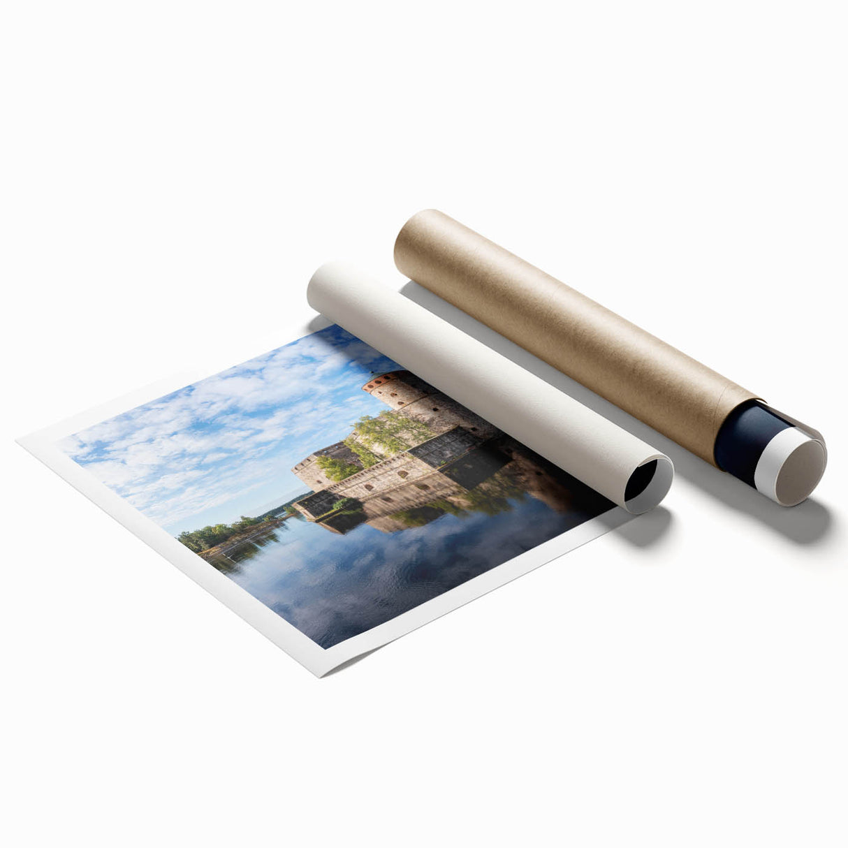Extra large rolled print of a serene Finnish landscape with soft floral elements.