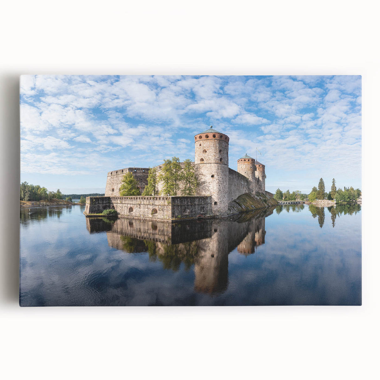 Black and white photo of a serene Finnish landscape on stretched canvas, ideal for kitchen wall art.