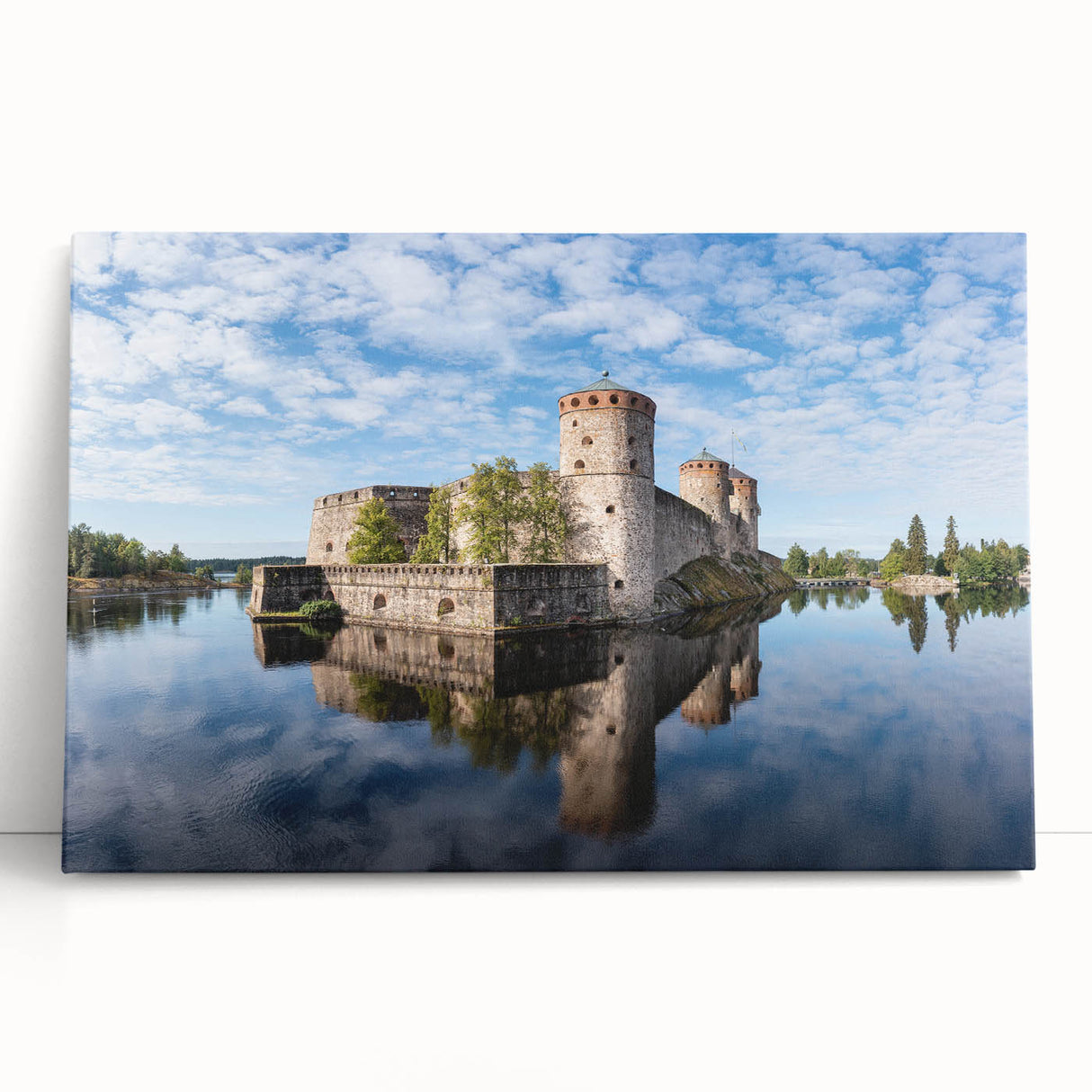 Black and white photo of a serene Finnish landscape on large stretched canvas, ideal for kitchen wall art.