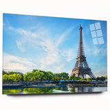Large abstract depiction of Paris scenery in muted tones on acrylic glass, suitable for bedroom or dining room decor.