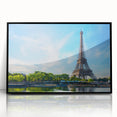 Large abstract wall art depicting a Parisian scene in muted gray and blue tones on a framed acrylic.