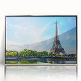 Large art print of Paris scenery in mid-century modernist style, framed in silver acrylic, ideal for modern decor.
