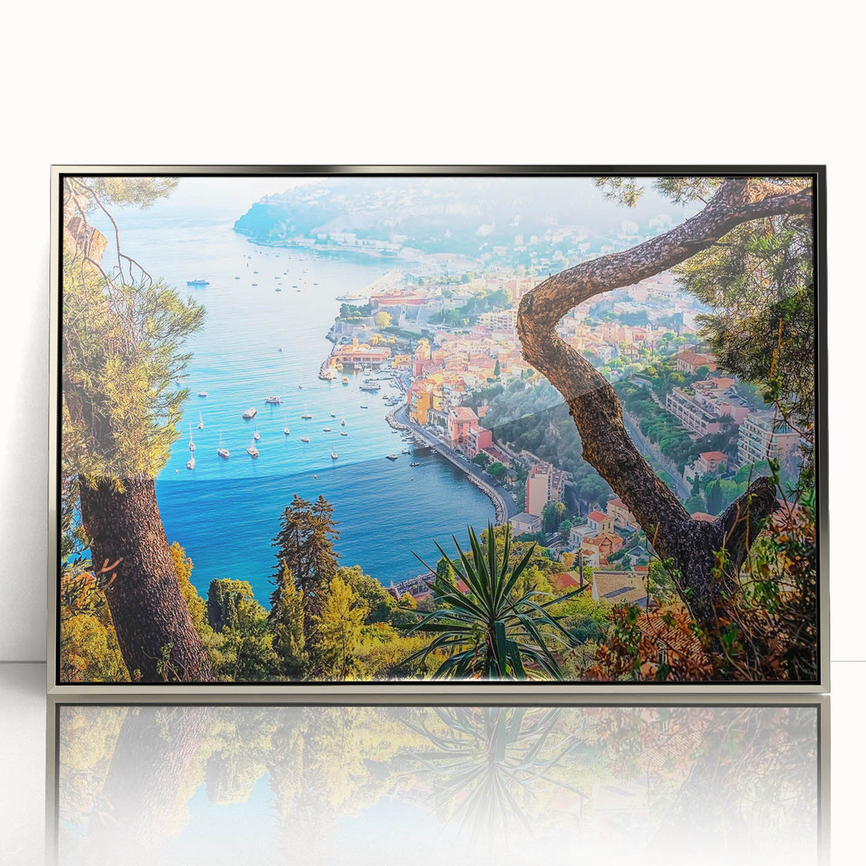 Large art print of a Provence landscape in muted earth tones on a silver-framed acrylic, suitable for modern art wall decor.