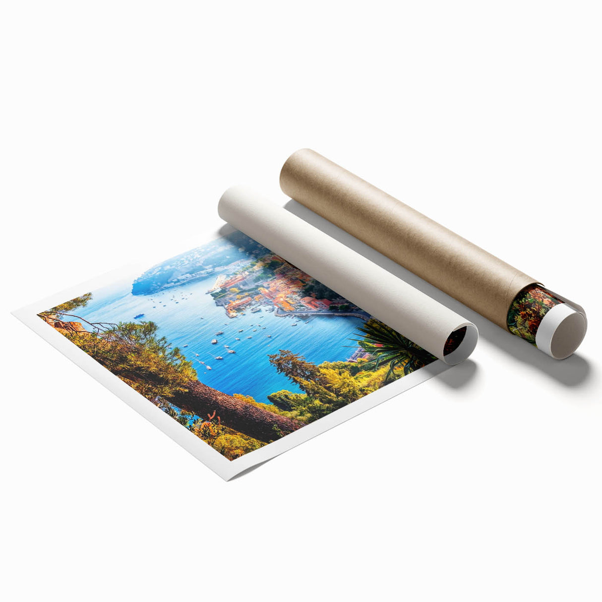Extra large rolled print of a Provence landscape with lavender fields under a clear sky, ideal for classy bathroom wall art.