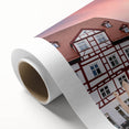 Art deco poster of a serene Bavarian landscape on rolled canvas, using soft earth tones, ideal for nursery wall art.