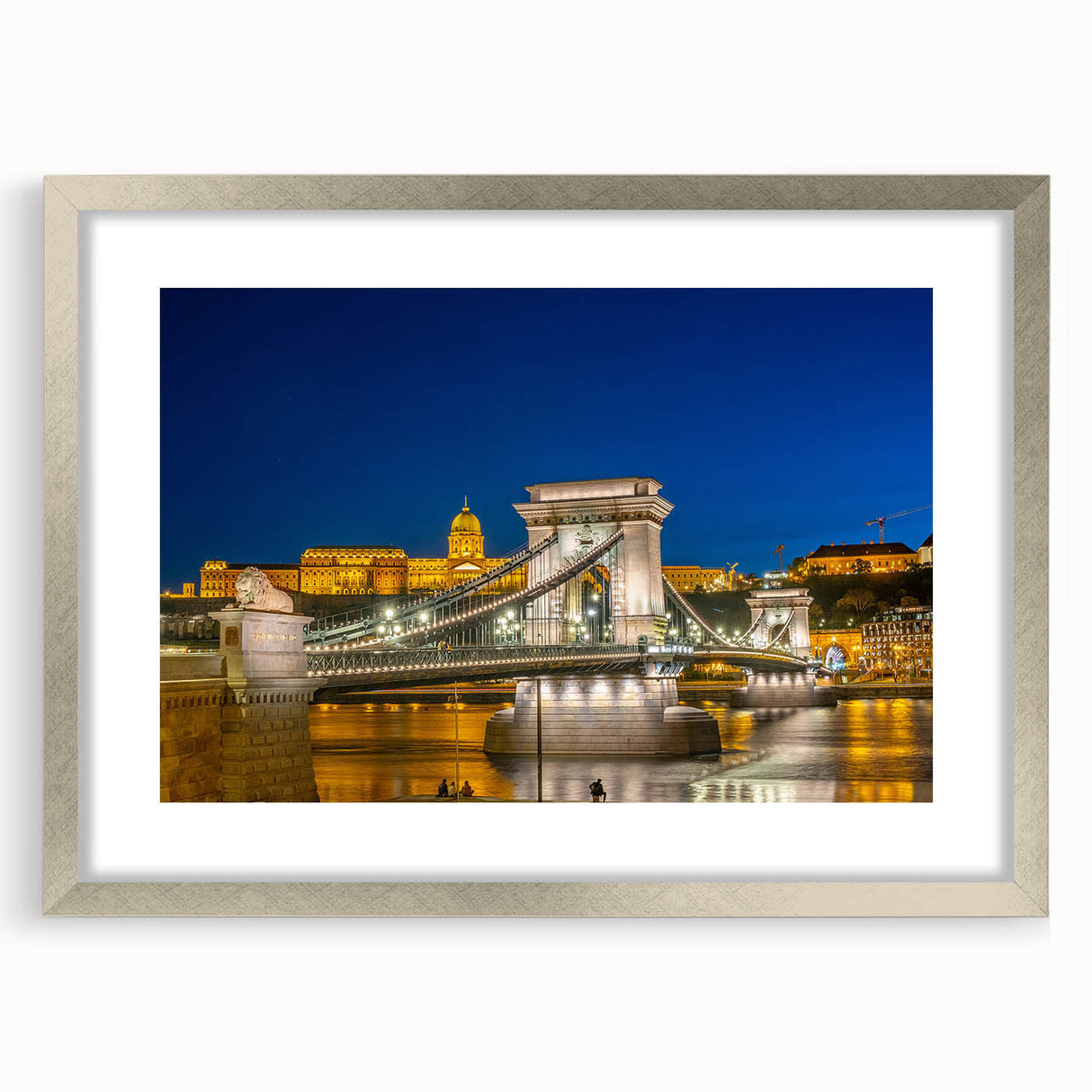 Extra large abstract art print of a textured European scenery in silver frame, suitable for living room decor.