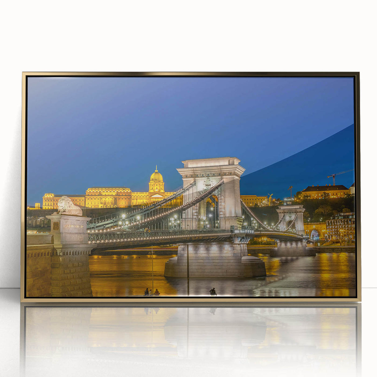 Art deco poster of a European cityscape in muted gold and gray tones on framed acrylic, suitable for modern art wall decor.