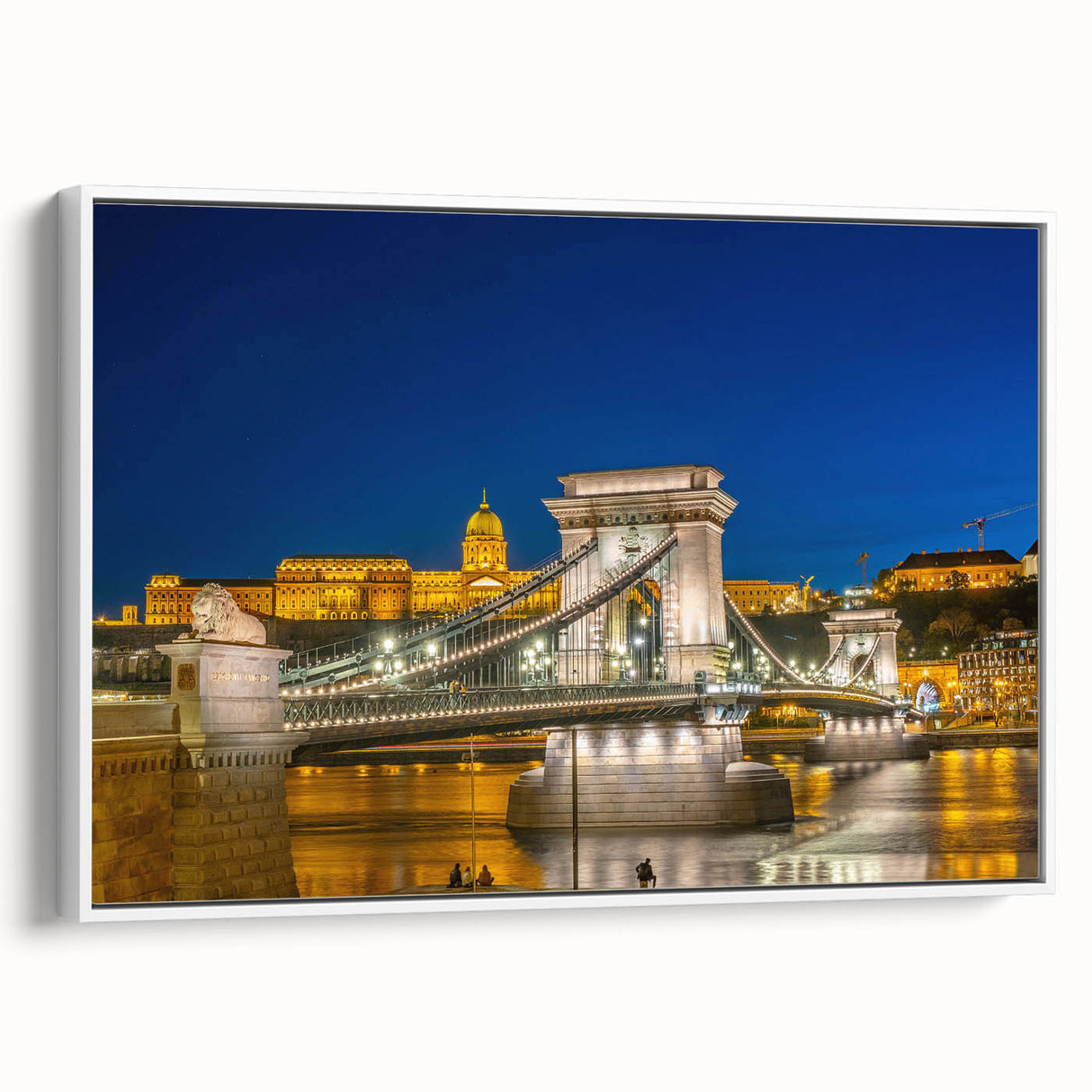 Vintage poster art of a European Hungarian landscape in colorful art tones on a white framed canvas.