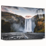Large abstract depiction of an Icelandic landscape in muted blue and green tones on acrylic glass.