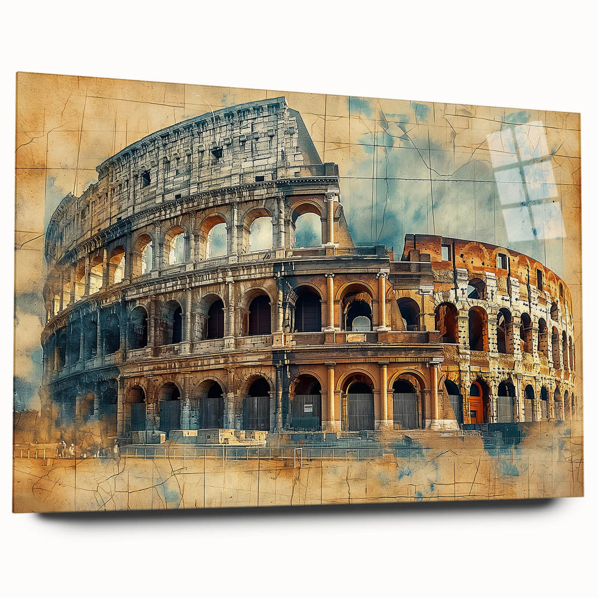 Large abstract wall art of Rome's skyline in muted blue and gray tones on acrylic glass.