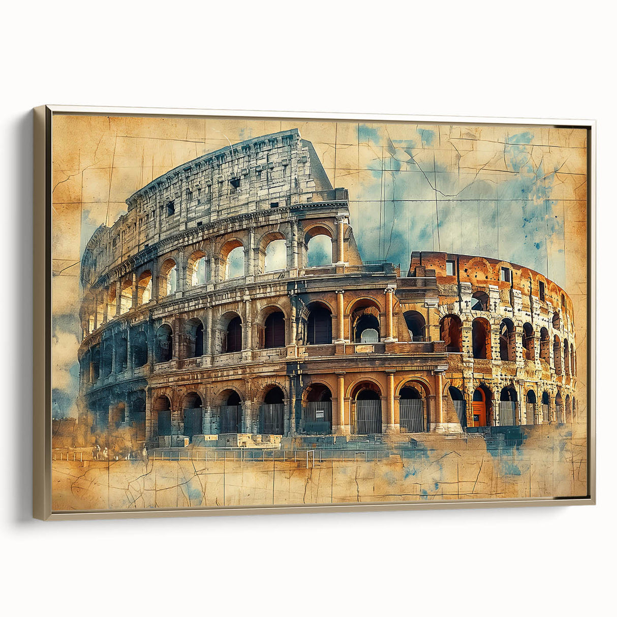 Framed canvas wall art featuring a vintage-style Rome landscape in black and gold tones, ideal for bedroom decor.