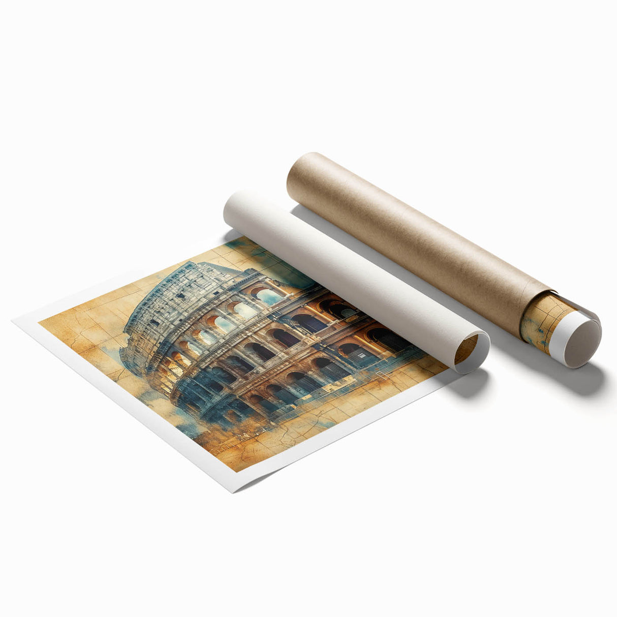 Extra large rolled print of Rome with floral accents in soft pastel shades, ideal for classy bathroom wall art.