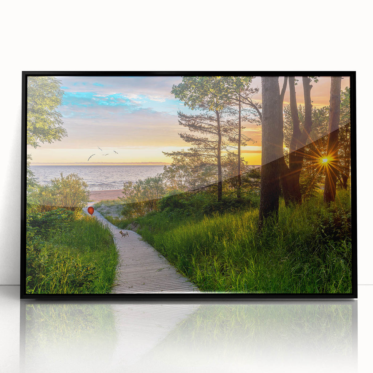 Large abstract wall art featuring a mid-century modernist design of Latvia's scenery in black acrylic frame.