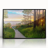 Large abstract wall art featuring a mid-century modernist design of Latvia's scenery in black acrylic frame.