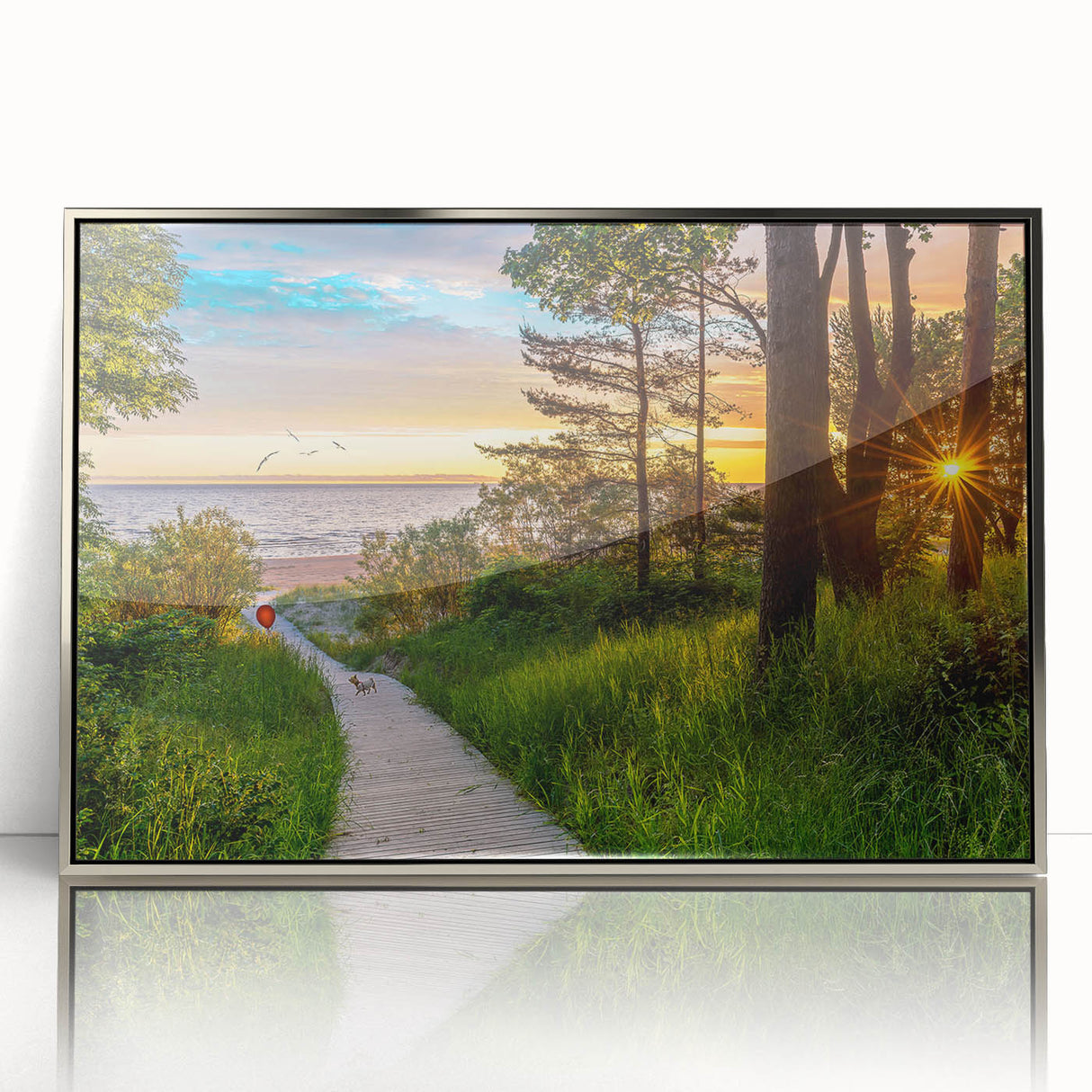 Large art print of a mid-century modernist European scenery in Latvia, framed in silver acrylic.