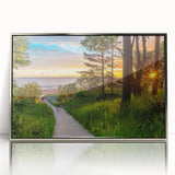 Large art print of a mid-century modernist European scenery in Latvia, framed in silver acrylic.