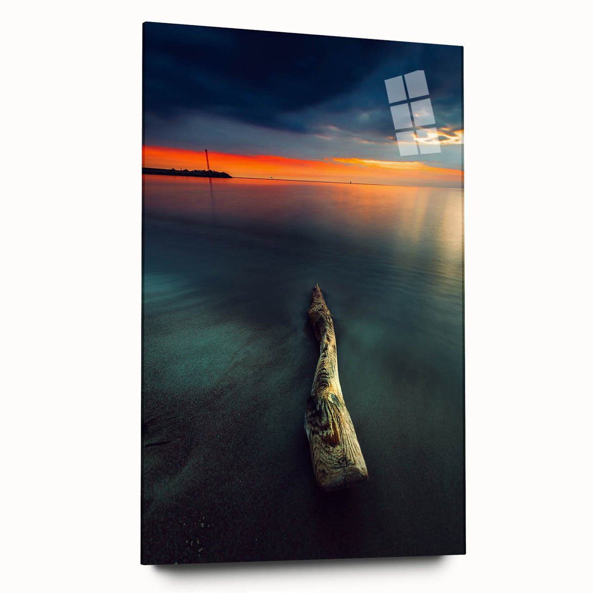 Acrylic print of a large abstract depiction of a European scenery in cool blue and gray tones.