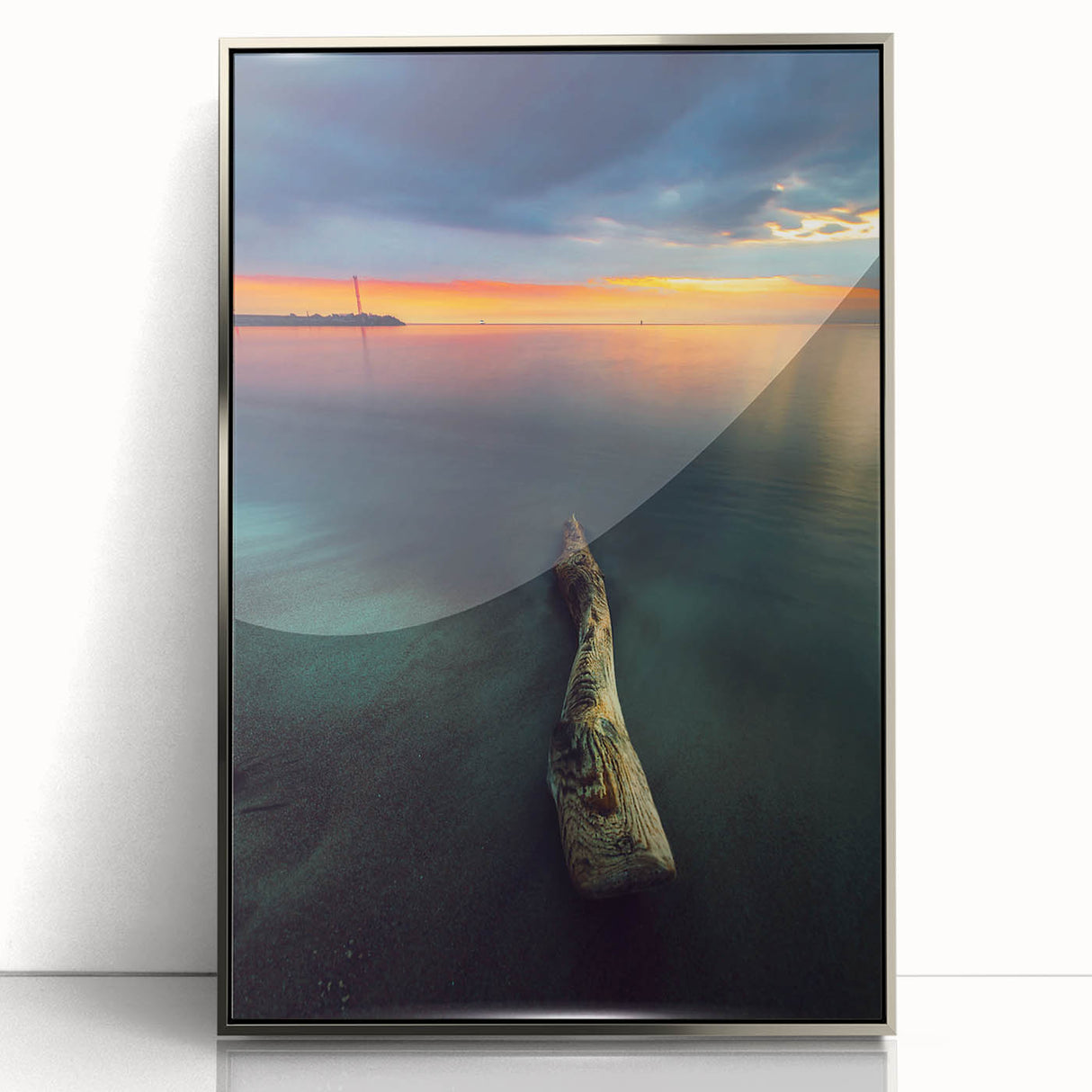 Large art print of a serene Lithuanian landscape in muted green and blue tones, framed in silver acrylic.