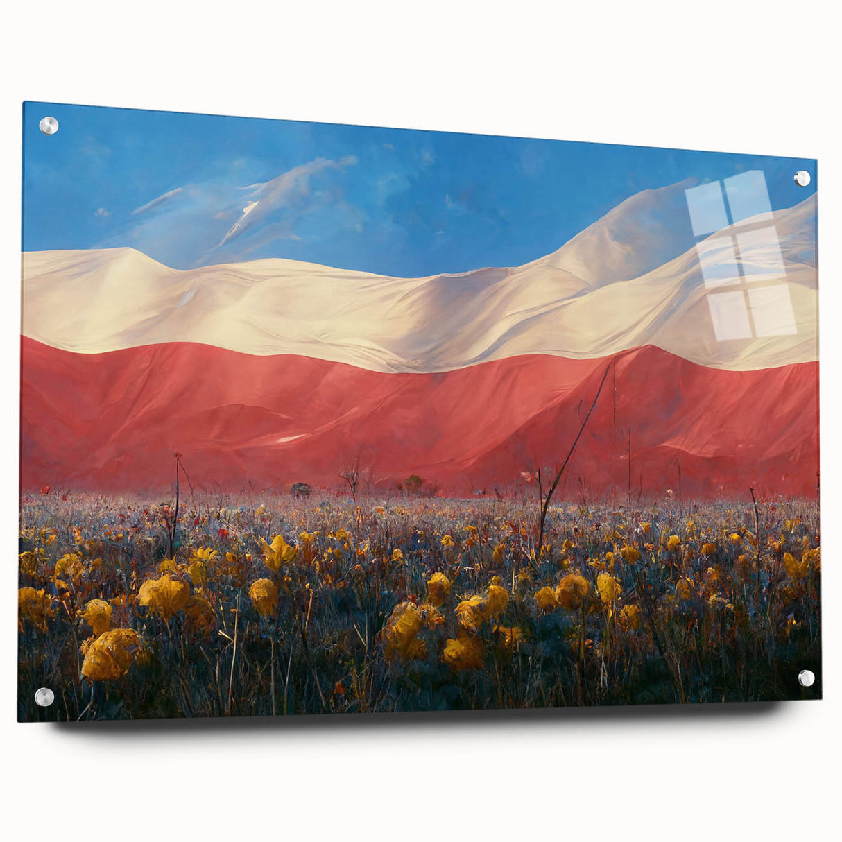 Acrylic print of a large abstract depiction of a European scenery in muted earth tones.