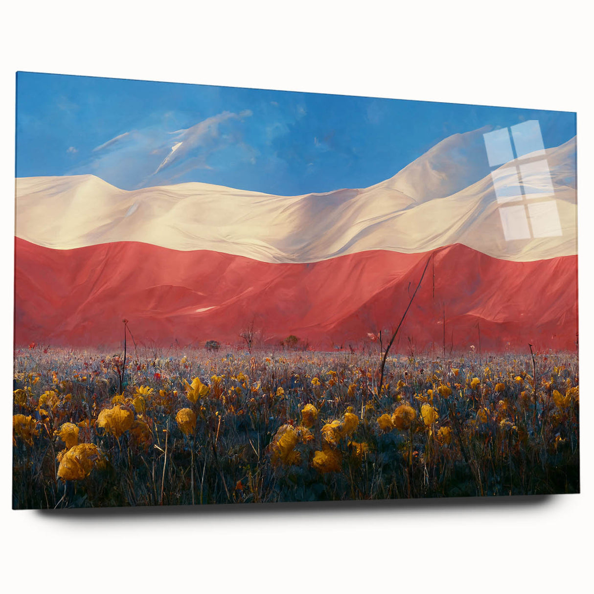Large abstract wall art of a European scenery in muted earth tones, printed on acrylic glass.