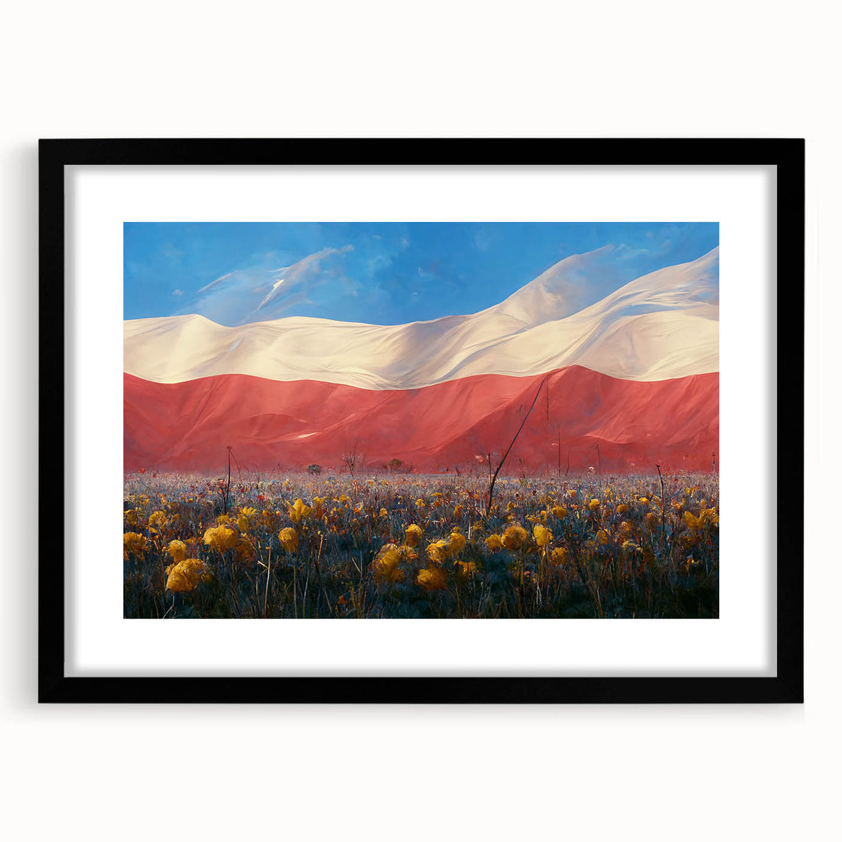 Extra large abstract art print of colorful, textured European scenery on a black framed canvas.