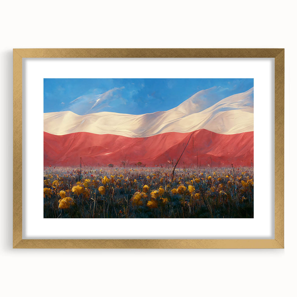 Abstract art print of a European scenery in muted gold and blue tones, framed with a matte gold border.