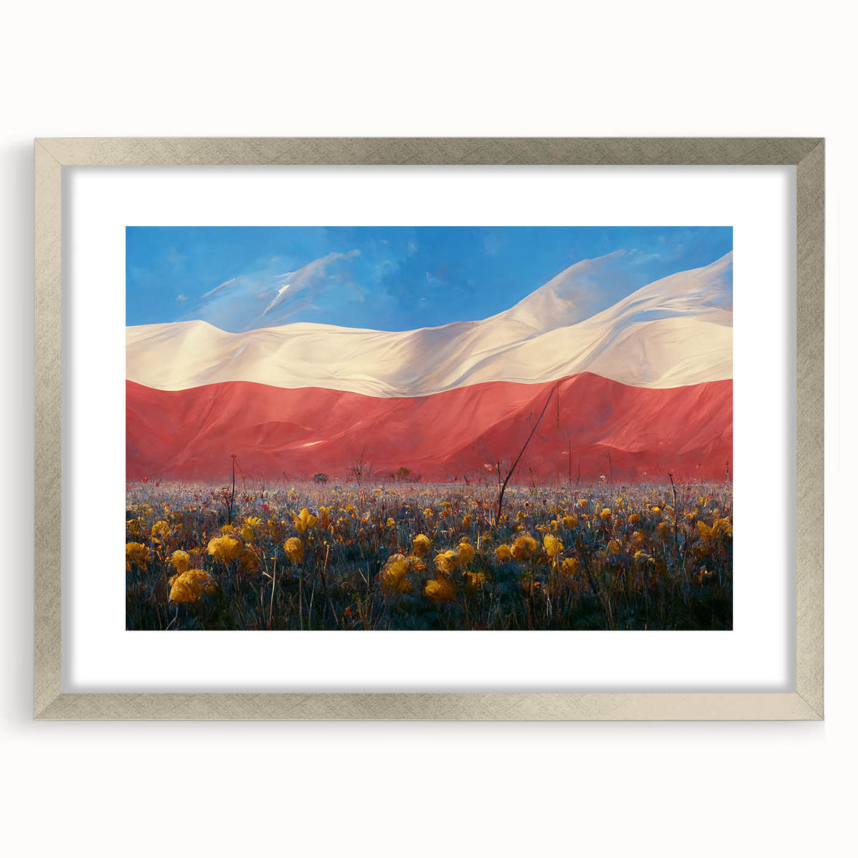 Extra large abstract art print depicting a textured European scenery in muted earth tones, framed in silver.