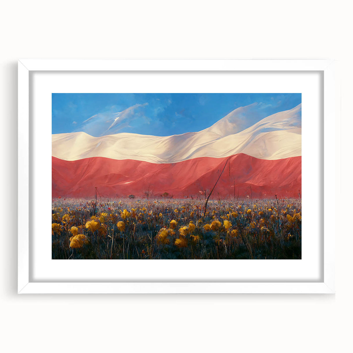 Textured abstract art print depicting a European scenery in muted earth tones, framed with a white mat.