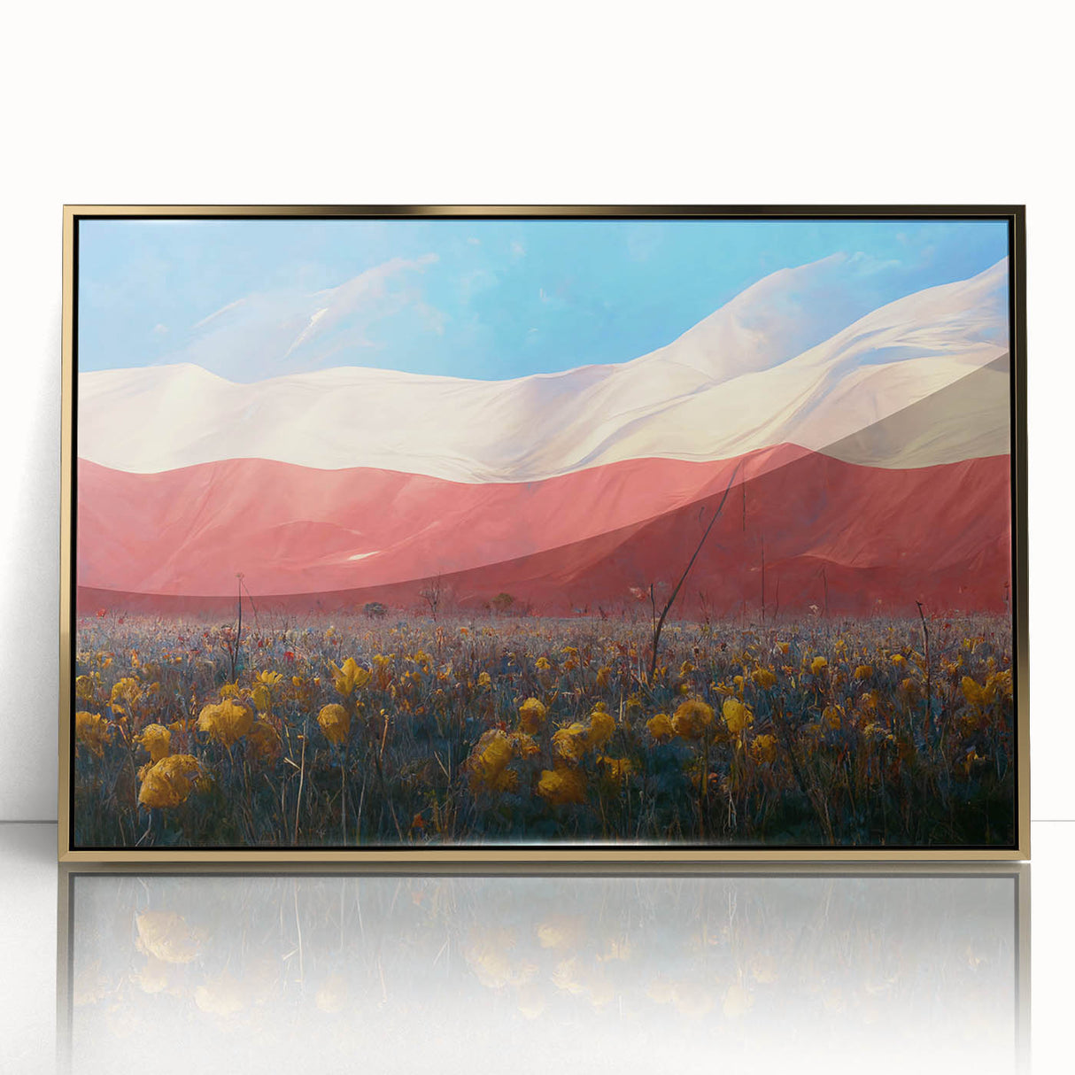 Art deco poster of a European scenery in Poland, featuring muted gold and blue tones on acrylic framed material.