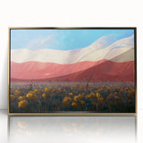 Art deco poster of a European scenery in Poland, featuring muted gold and blue tones on acrylic framed material.