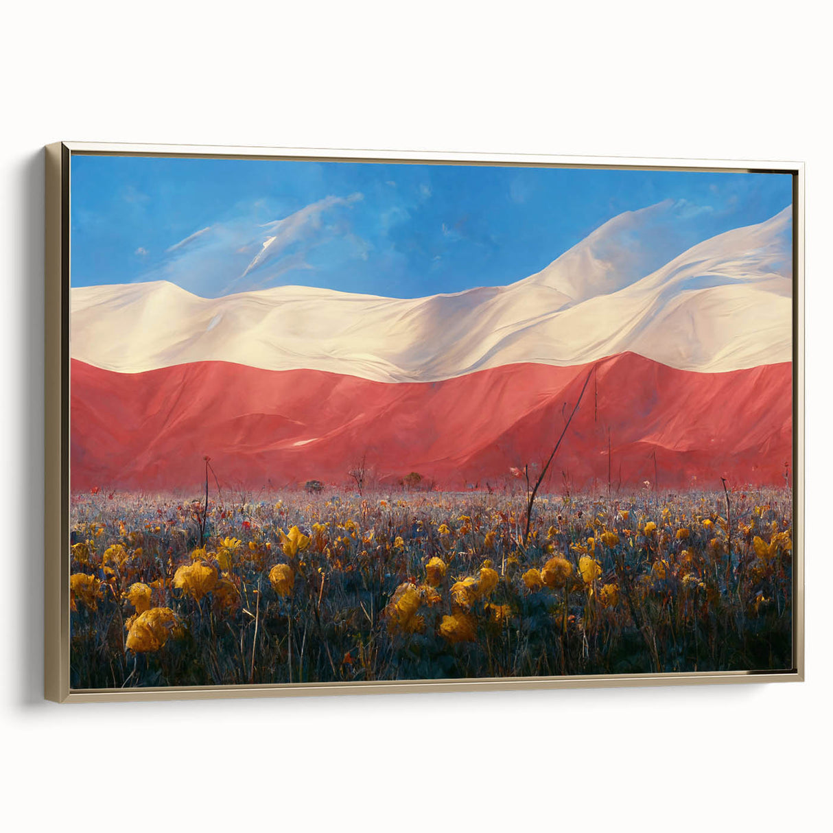 Framed canvas featuring a vintage-style landscape painting of a European scene in muted gold and black tones.