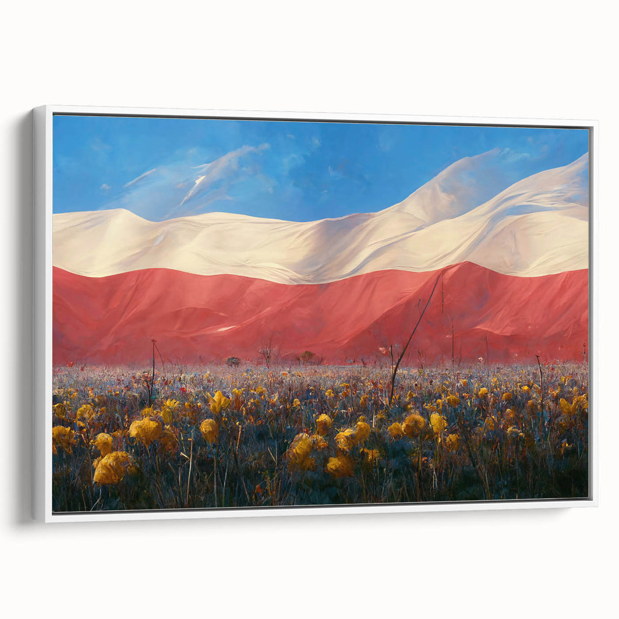 Vintage poster art of a scenic Polish landscape, framed canvas with vibrant colors on a black background.