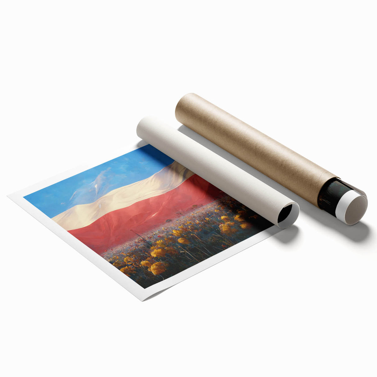 Extra large rolled print of Polish countryside with vibrant floral elements.