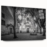 Large abstract wall art of Barcelona skyline in muted gray tones on acrylic glass, ideal for bedroom or dining room decor.