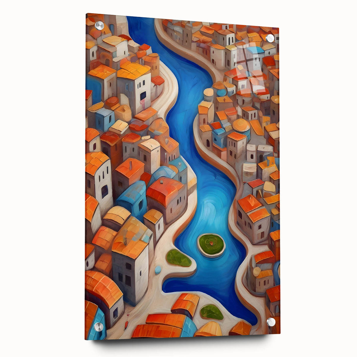 Acrylic print of a large abstract landscape depicting Middle Eastern scenery, ideal for dining room decor.