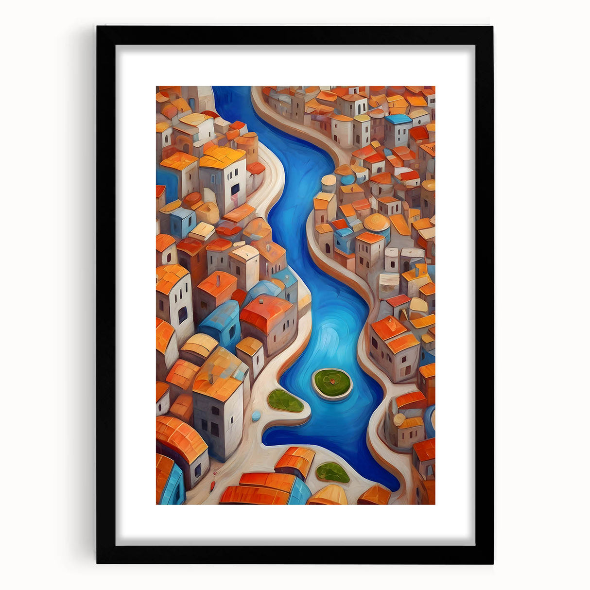 Extra large abstract art print depicting a colorful, textured Middle Eastern scenery on a framed canvas.