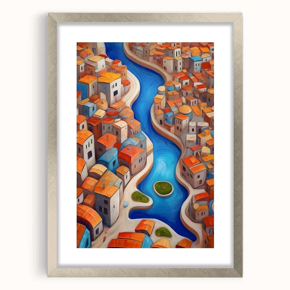 Textured abstract art print depicting a Middle Eastern scenery in muted earth tones on a framed silver mat.
