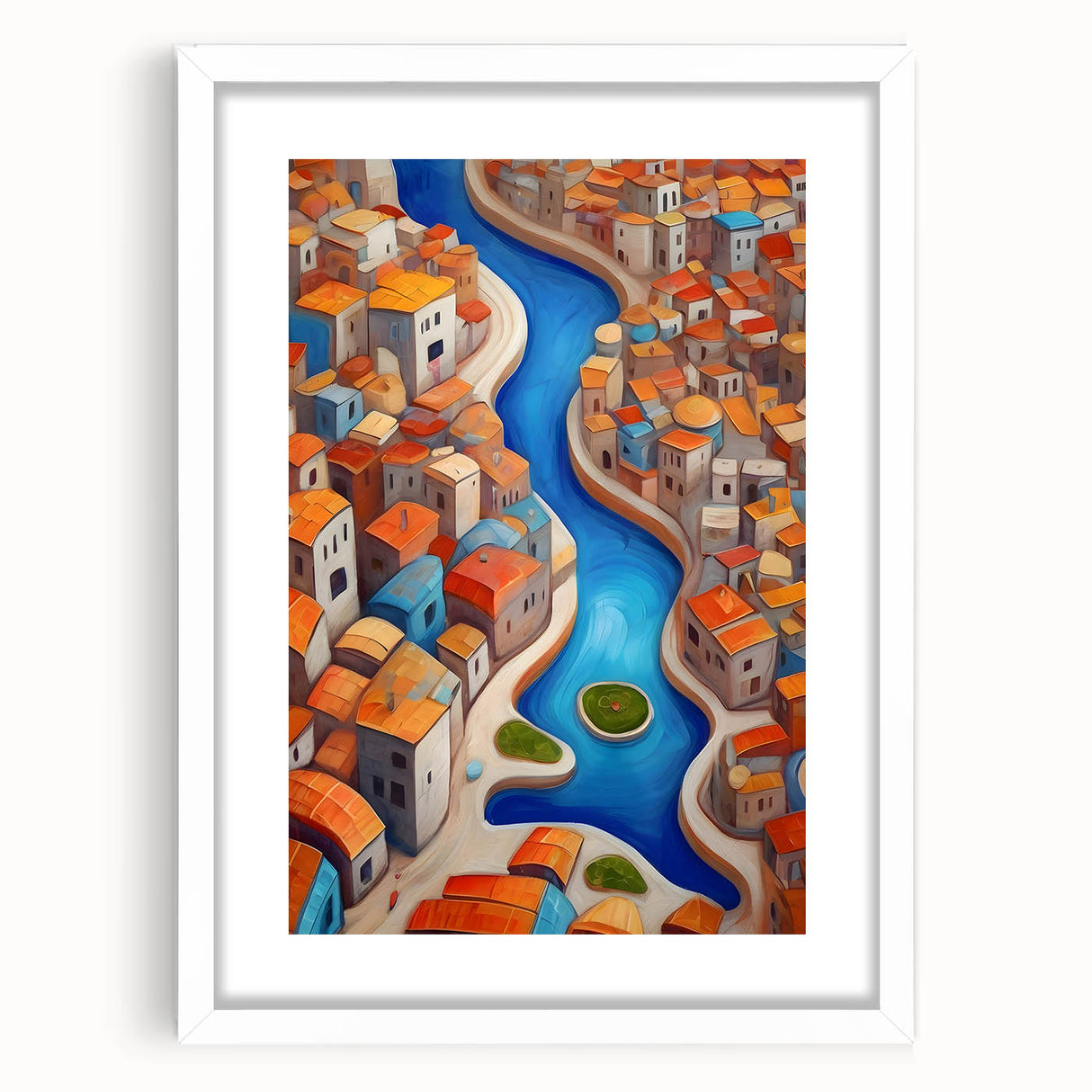 Abstract art print depicting a Middle Eastern scenery in muted earth tones on a framed white mat.
