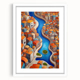 Abstract art print depicting a Middle Eastern scenery in muted earth tones on a framed white mat.