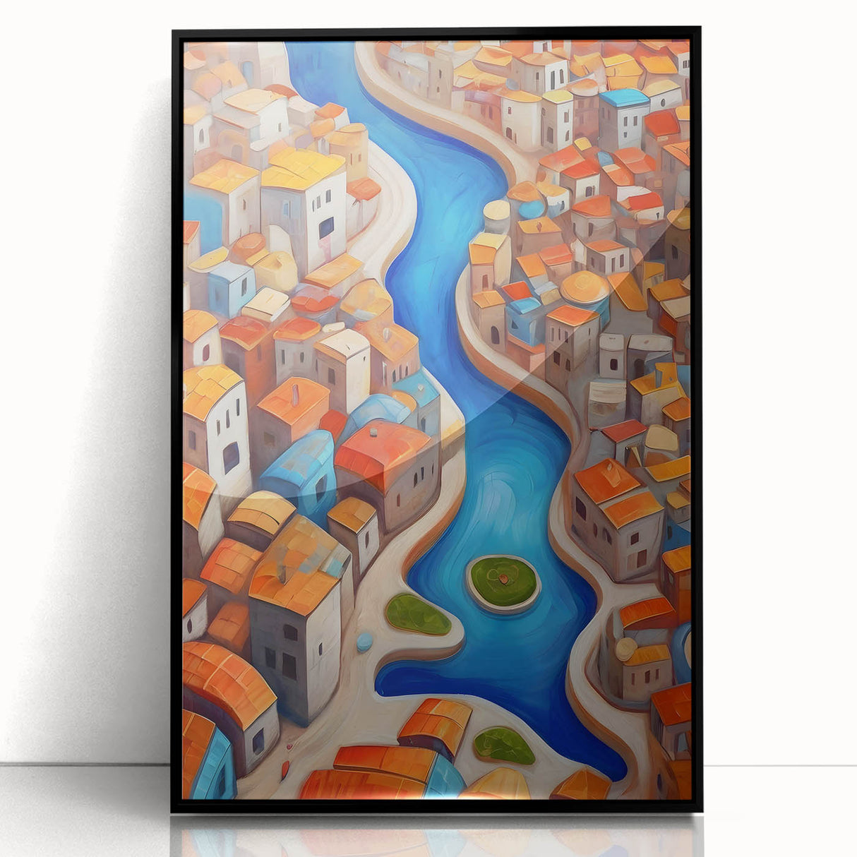 Large abstract wall art depicting a Middle Eastern scenery in Iran, with muted earth tones on a framed acrylic print.