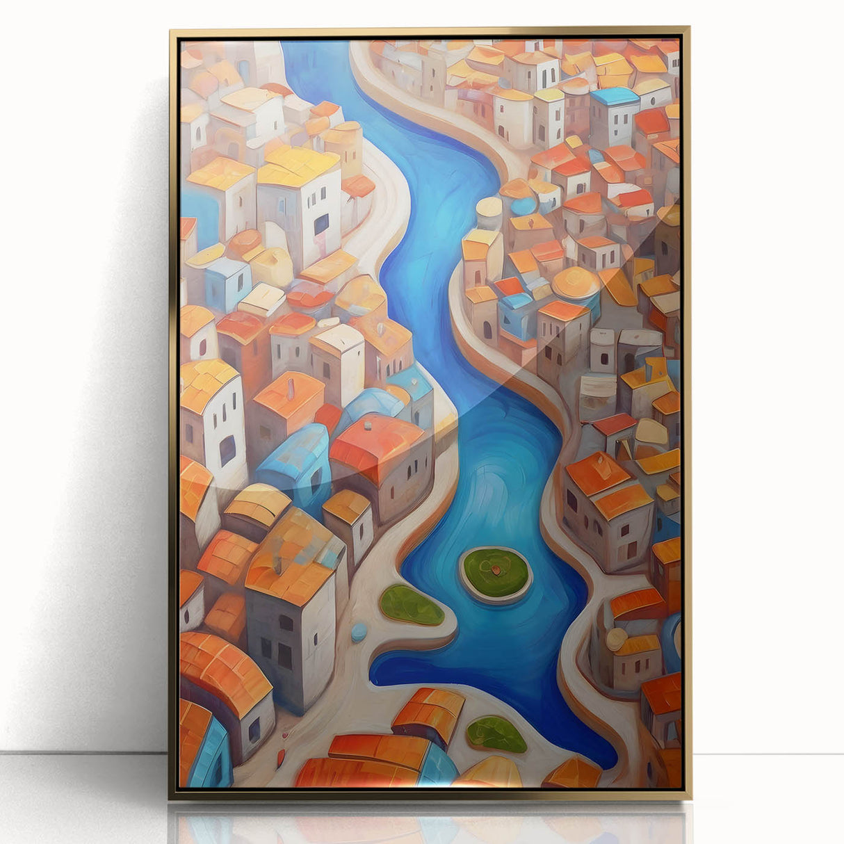 Large art print of a Middle Eastern scenery in Iran, featuring muted gold and earth tones on a framed acrylic.