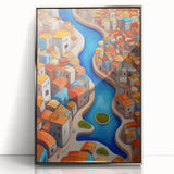 Mid-century modernist art depicting a scenic view of Iran in silver-framed acrylic, ideal for modern art wall decor.
