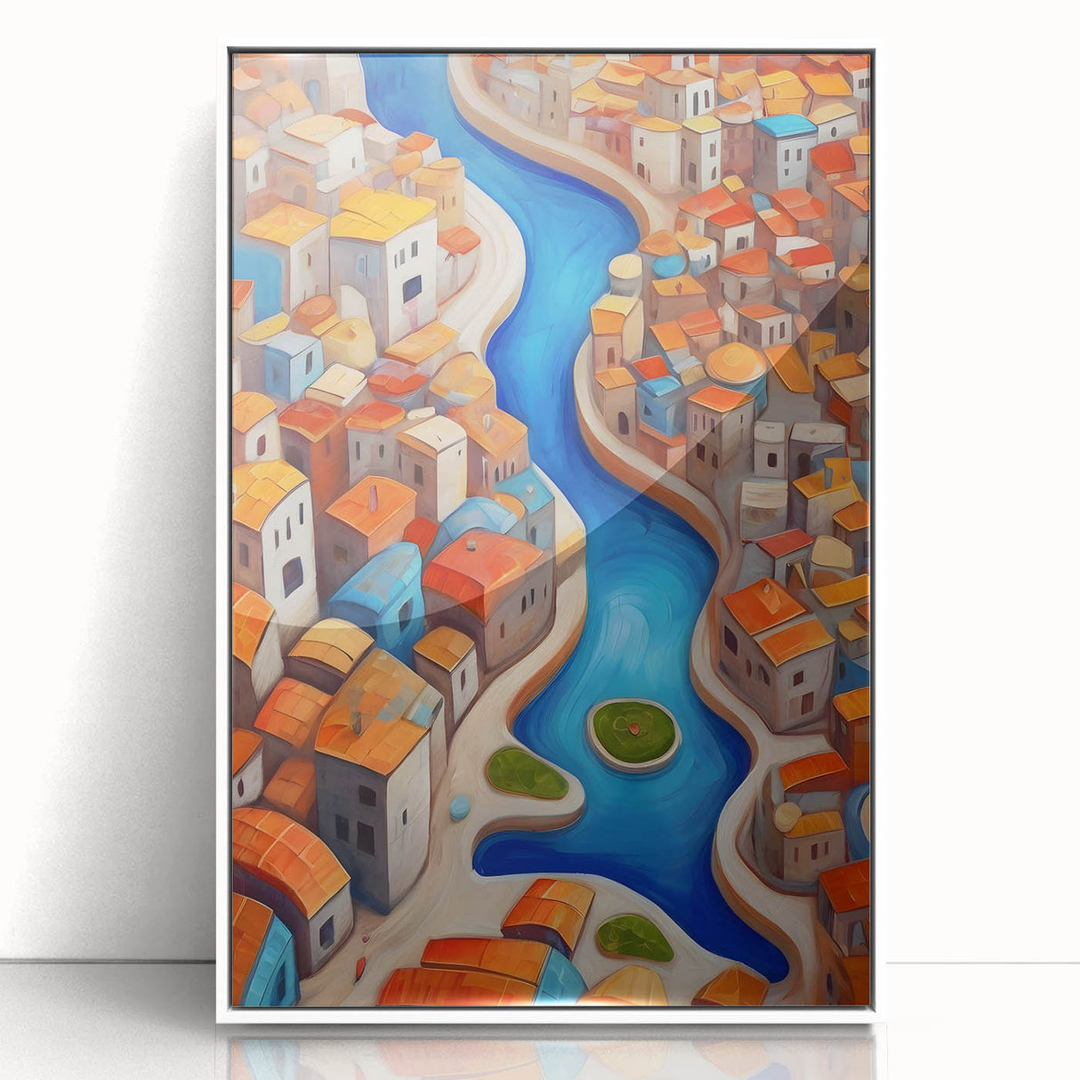 Art deco poster of a Middle-Eastern scenery in Iran, rendered in muted earth tones on a framed acrylic.