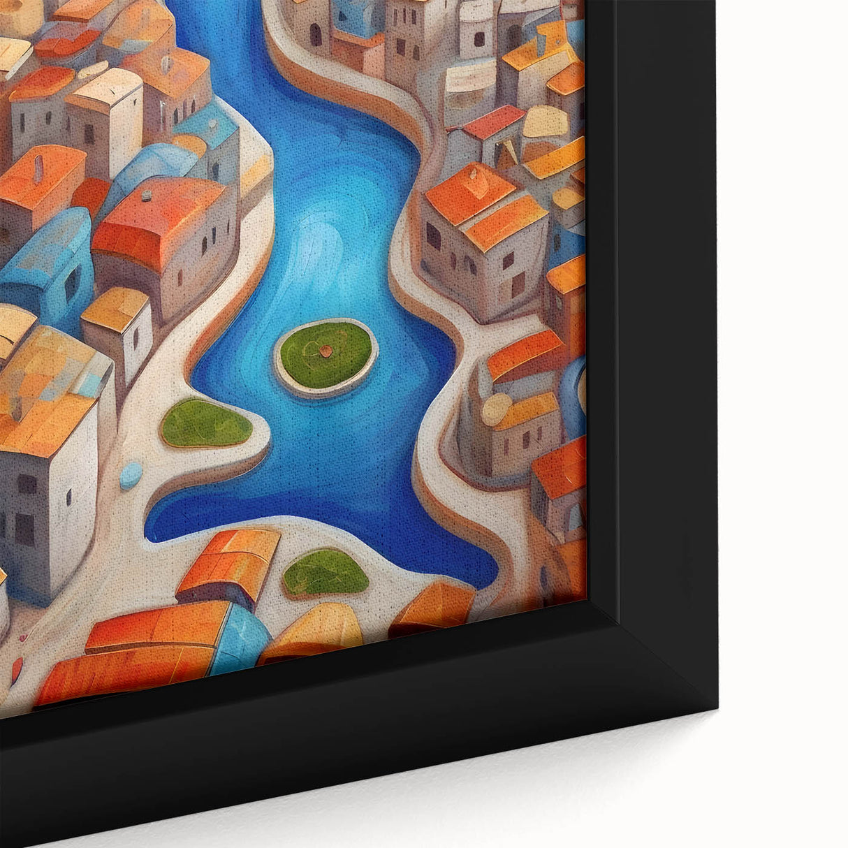 Close-up of a black framed canvas featuring a textured, colorful Middle Eastern scenery, ideal for living room decor.