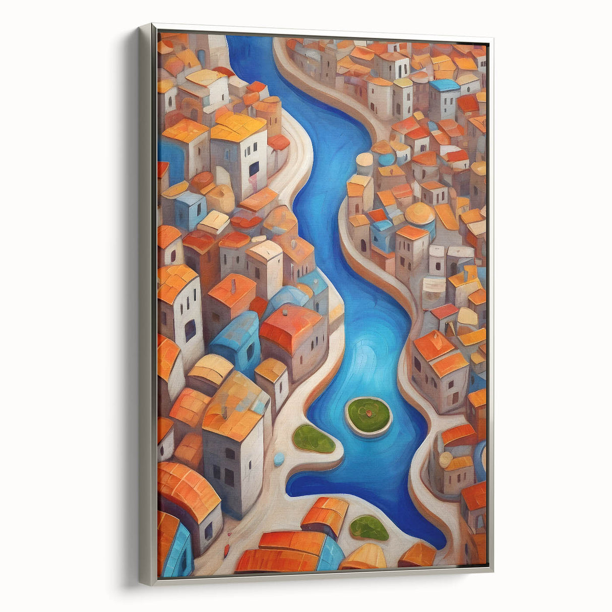 Framed canvas featuring a vintage-style landscape painting of a Middle Eastern scenery in colorful tones.