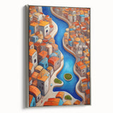 Framed canvas featuring a vintage-style landscape painting of a Middle Eastern scenery in colorful tones.
