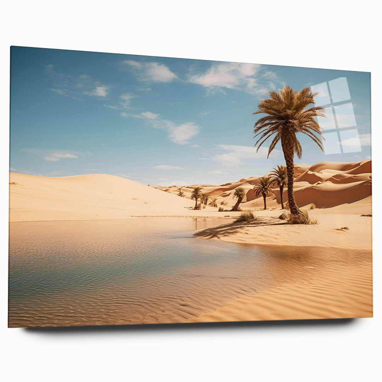Acrylic print of a large abstract depiction of Middle Eastern scenery in earthy tones.