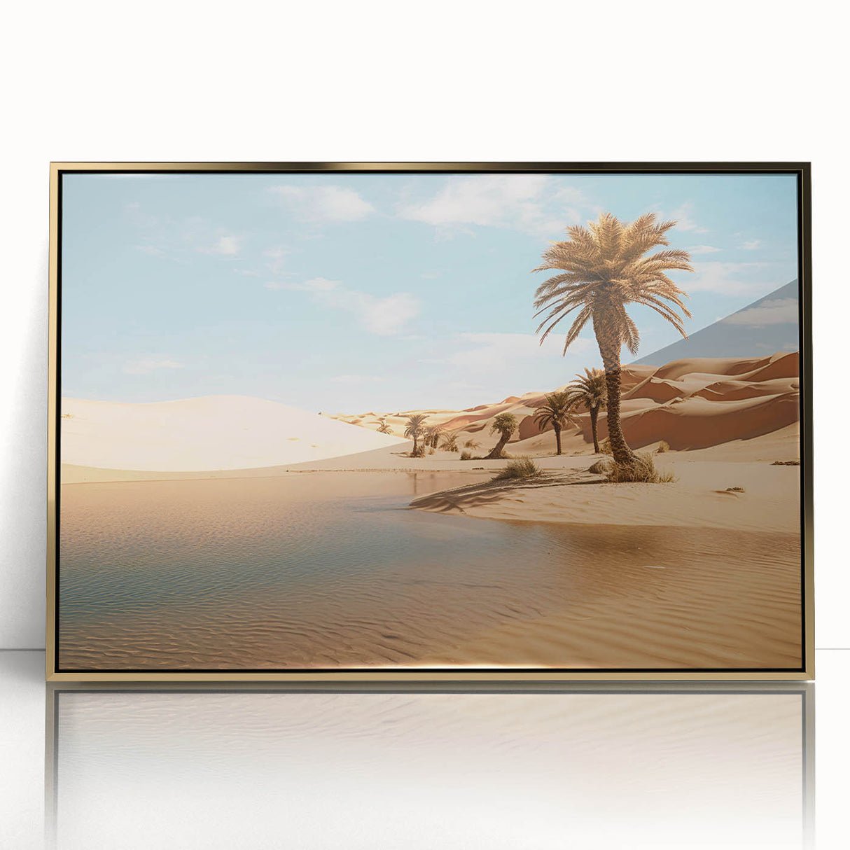Mid-century modernist style large art print of an Omani landscape in muted gold and brown tones on acrylic.