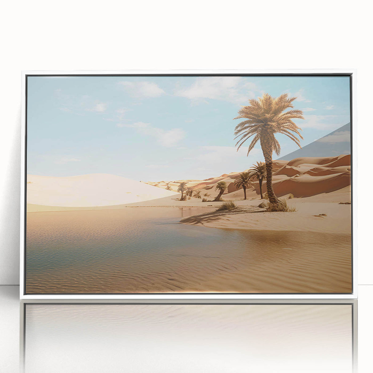 Art deco poster of Oman scenery in muted earth tones, acrylic print framed in white, suitable for modern nursery decor.